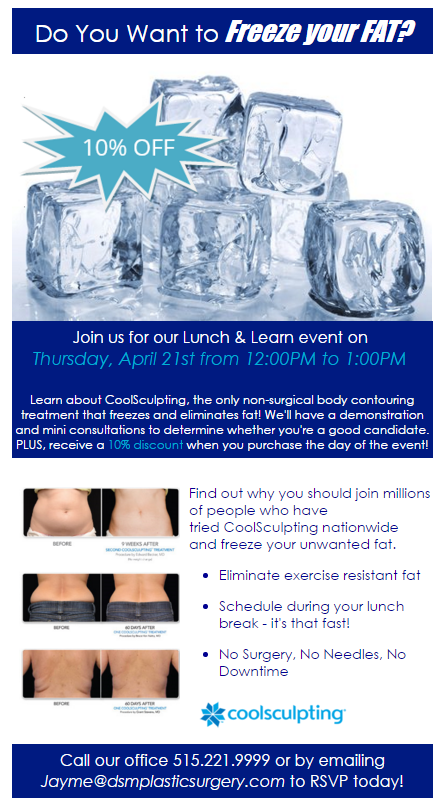 Free Lunch, Free Education And A Chance To Win A Free Coolsculpting Treatment! 2 Coolsculpting Event By Des Moines Plastic Surgery
