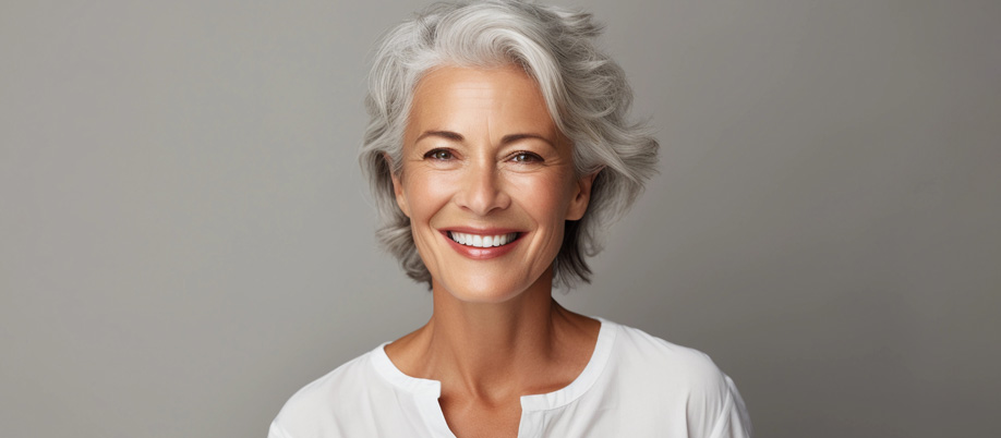 Mature smiling woman, portrait of laughing pensioner with beautiful teeth and gray hair, healthy facial skin, beauty banner