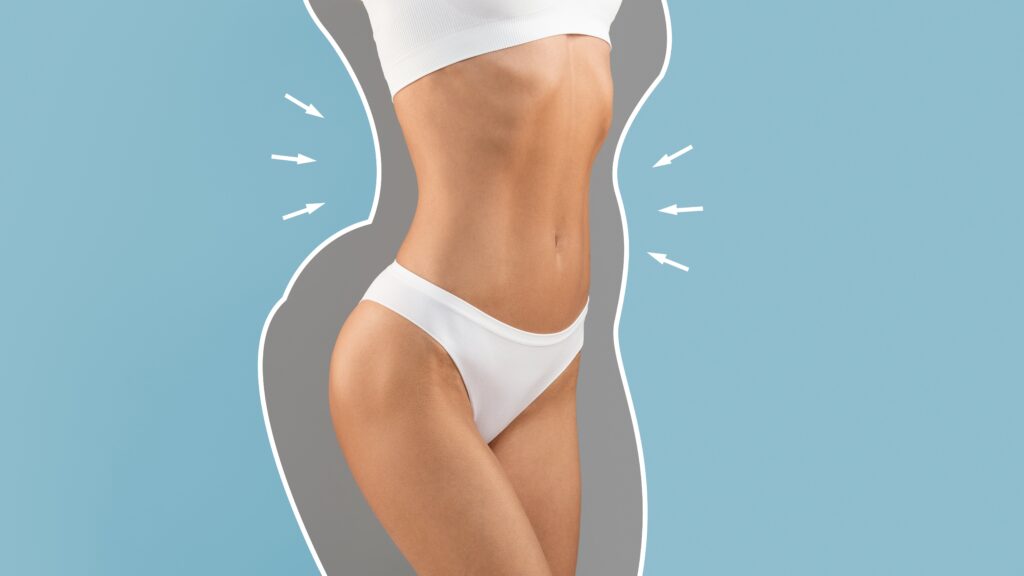 slim female In underwear with drawn outlines around body showing liposuction results
