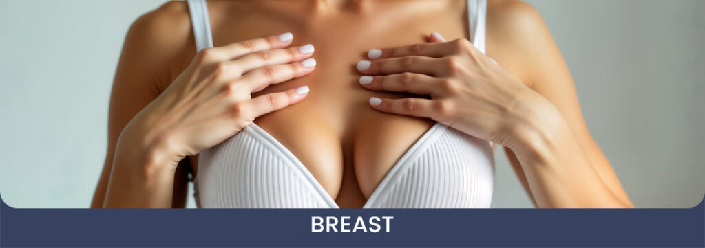 upclose photo of a woman's chest while wearing a white bra and holding the straps against her chest - breast procedure category cover image