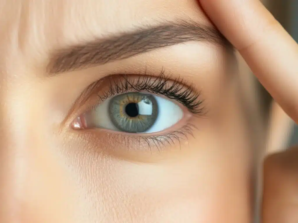 Close up of woman pointing at wrinkles on her upper eyelid
