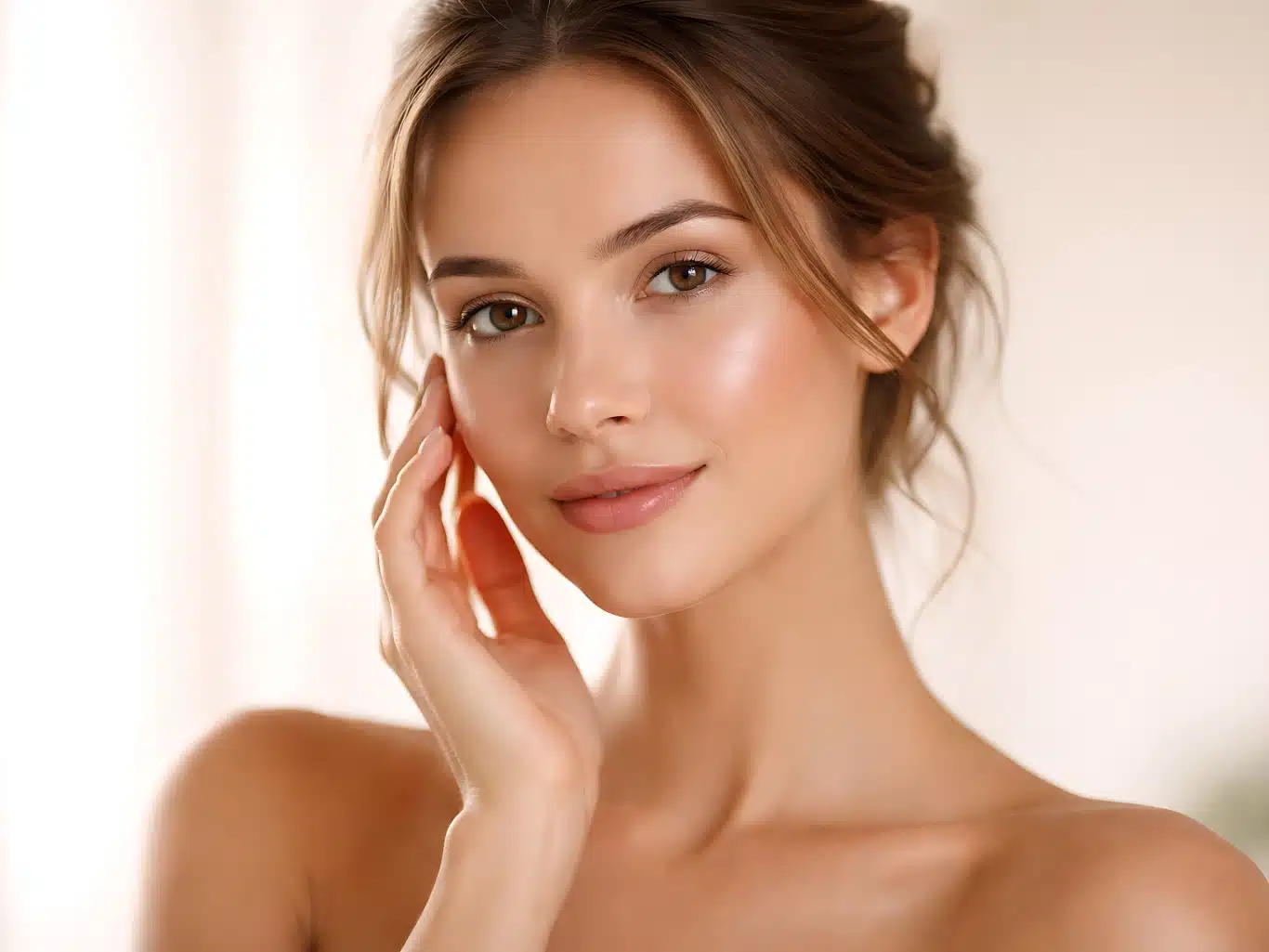 Beauty portrait of young brunette woman touching fresh clean face
